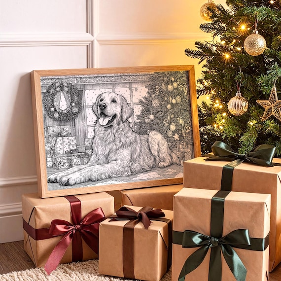 Golden Retriever Christmas Tree Sketch Holiday Dog Art Print
