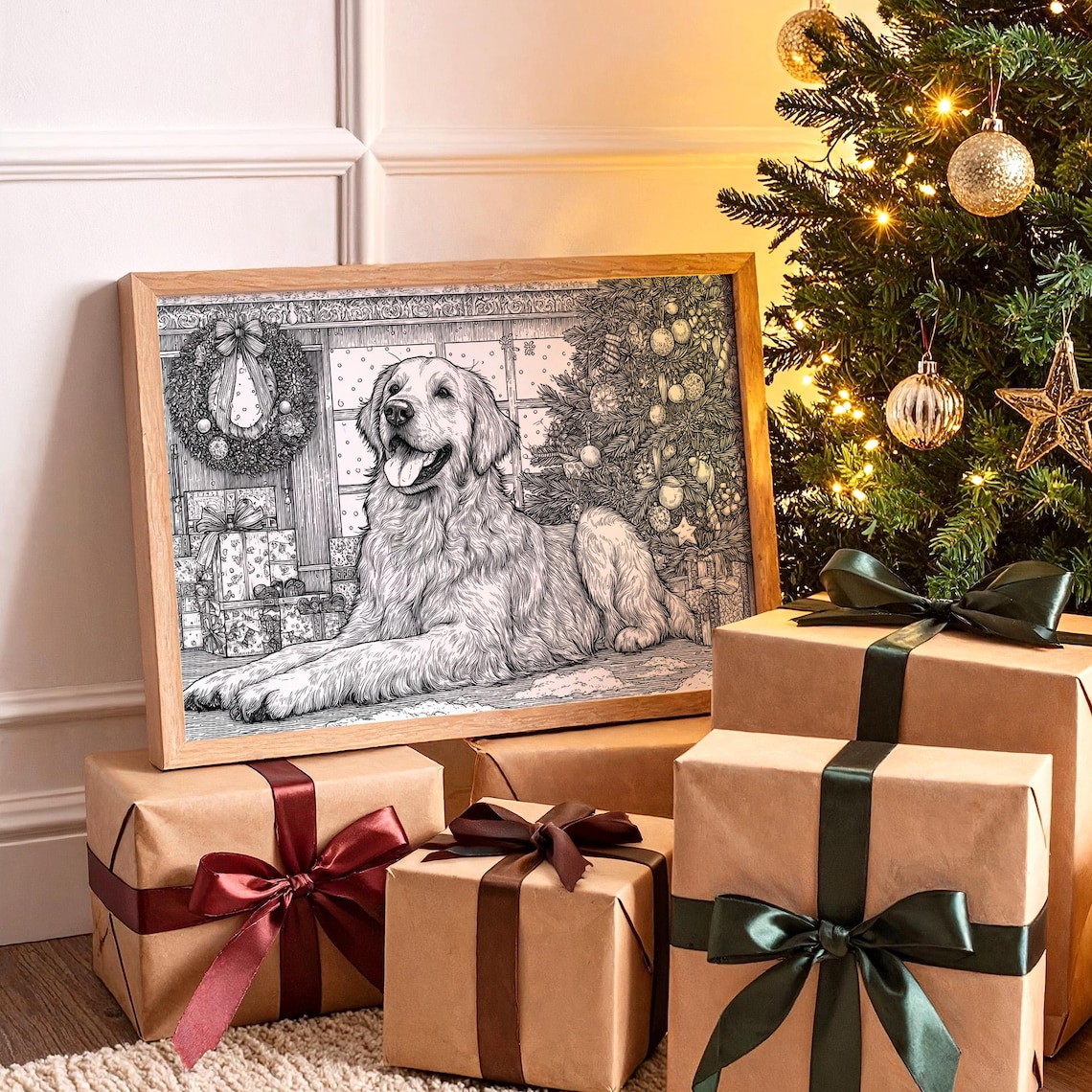 Golden Retriever Christmas Tree Sketch Holiday Dog Art Print