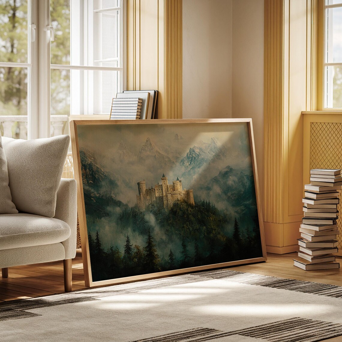 Medieval Castle on a Hill Above Mist with Snowy Mountain Peaks Poster - Image 7