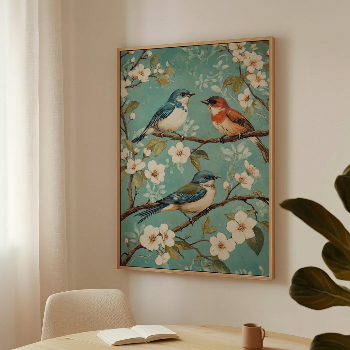 Songbirds On Cherry Blossom Branch Teal Vintage Bird Trio Poster - Image 7