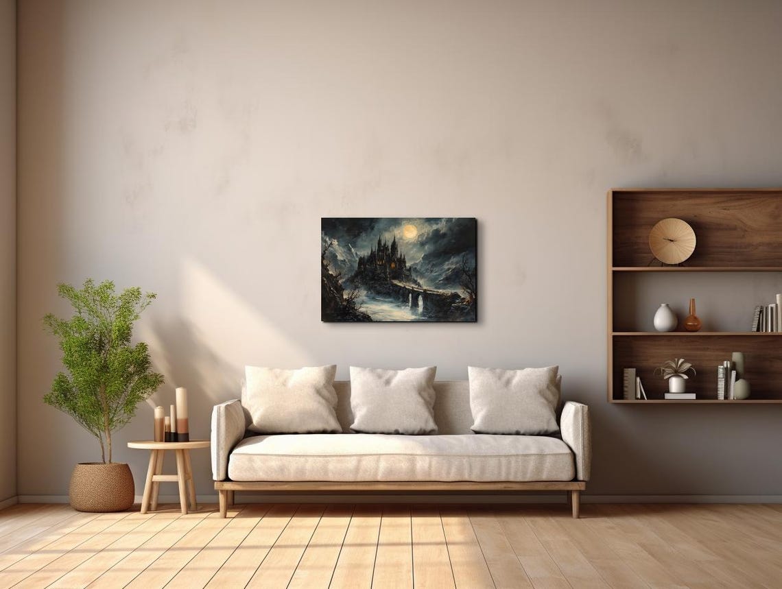 Draculas Gothic Castle Under Full Moon With Stone Bridge Poster - Image 3