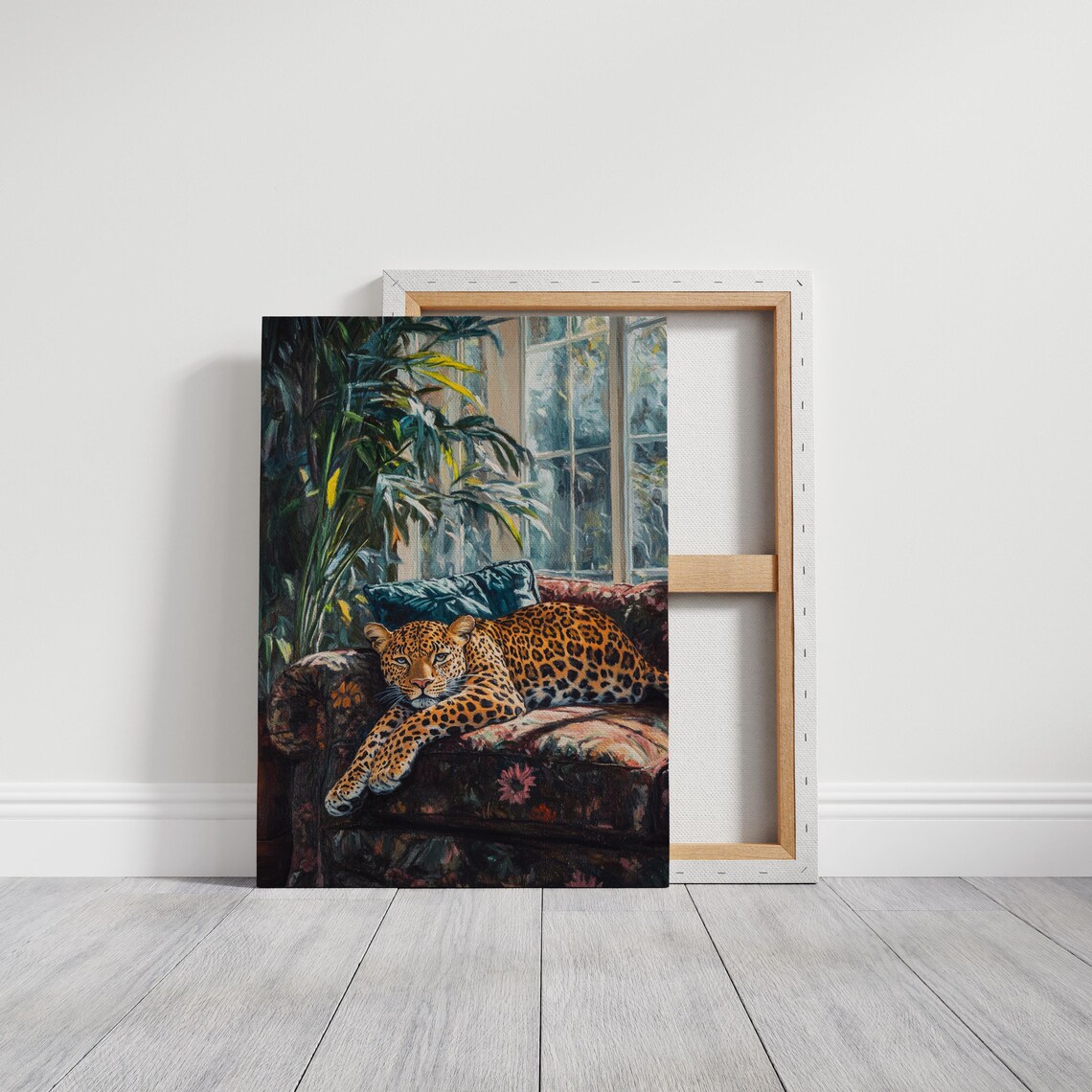 Elegant Leopard On Floral Couch, Boho Jungle Decor - Image 3