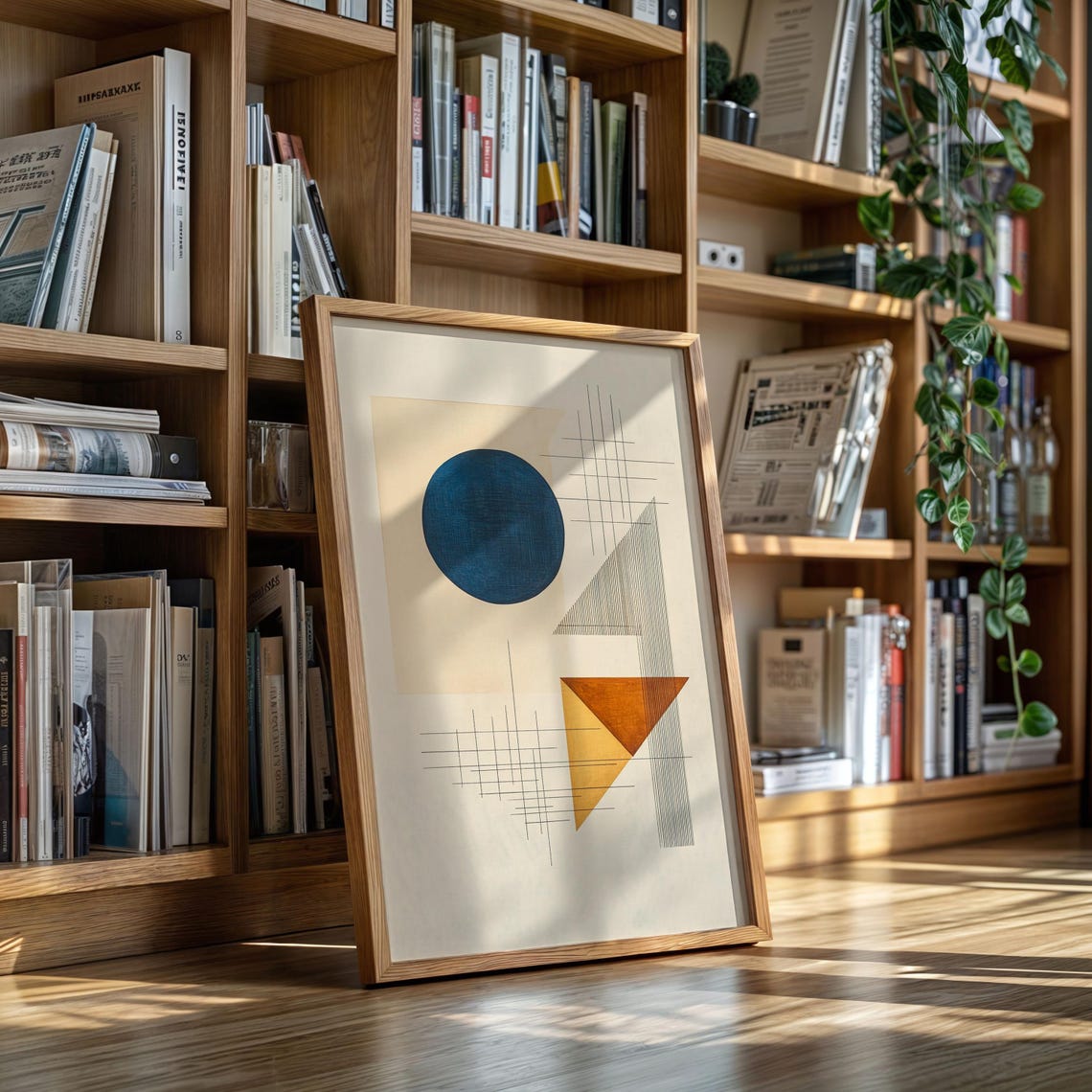 Navy Circle Orange Triangle Geometric Abstract Grid Modern Art Poster