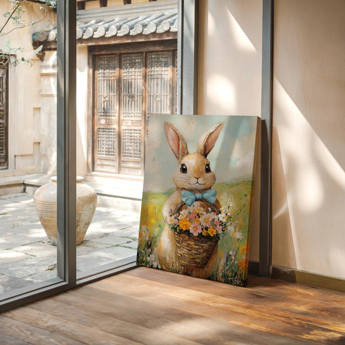 Cute Bunny in Blue Bow Tie Holding Basket of Wildflowers Poster - Image 7