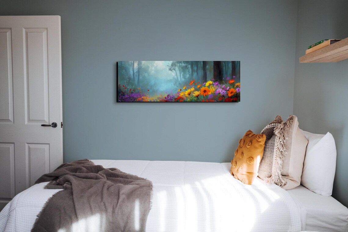 Misty Forest Wild Flower Landscape, Tranquil Art - Image 4
