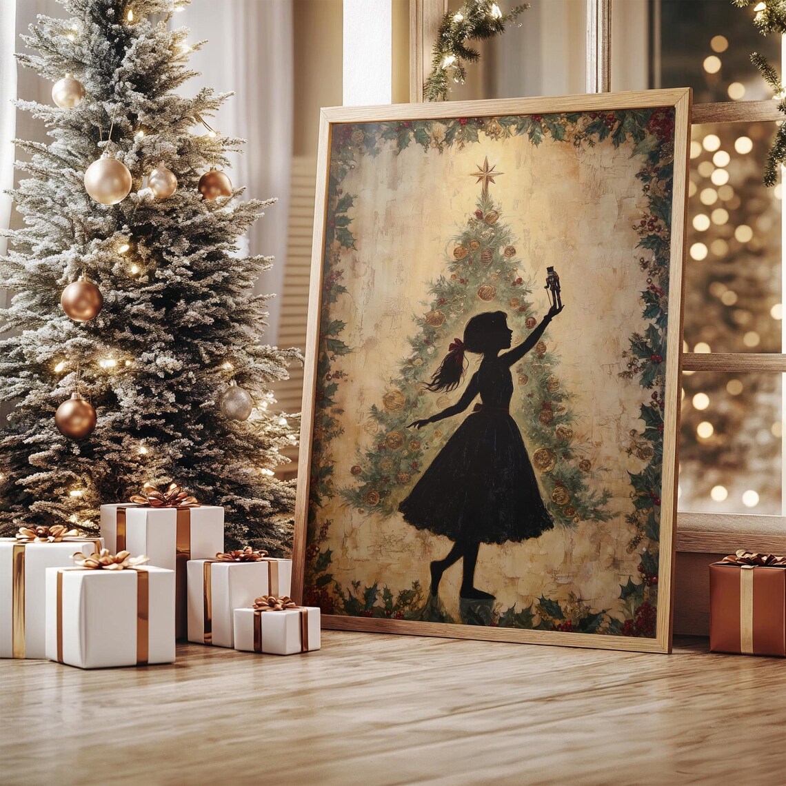 Nutcracker Ballet Girl Silhouette, Christmas Tree Art Print