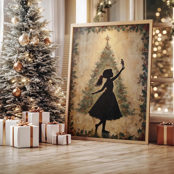 Nutcracker Ballet Girl Silhouette, Christmas Tree Art Print