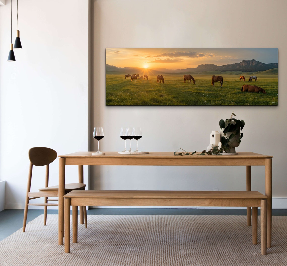 Wild Horses Grazing Meadow Sunset Mountain Panoramic Photo Poster - Image 3