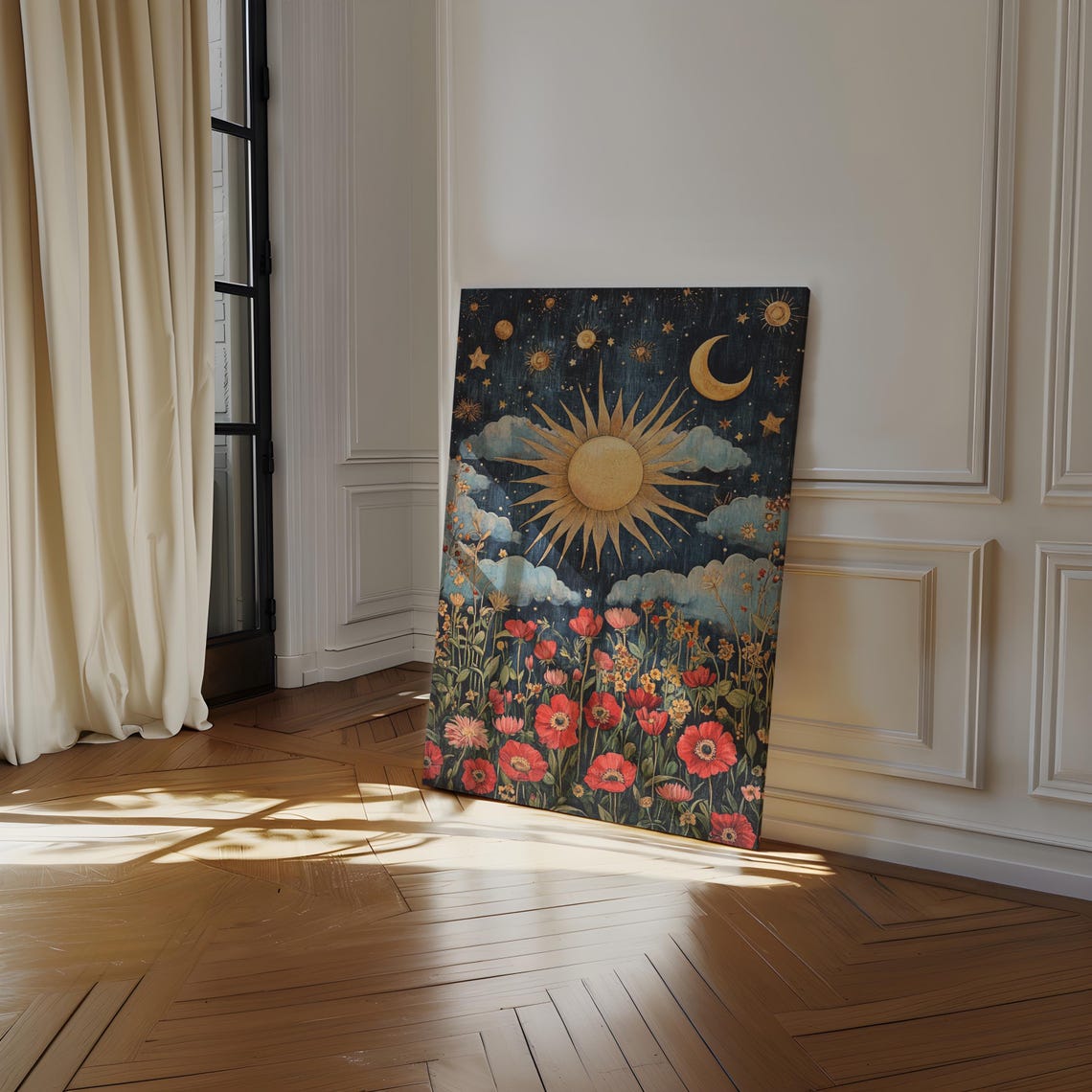 Golden Sun And Crescent Moon Over Red Poppy Meadow Night Poster - Image 4