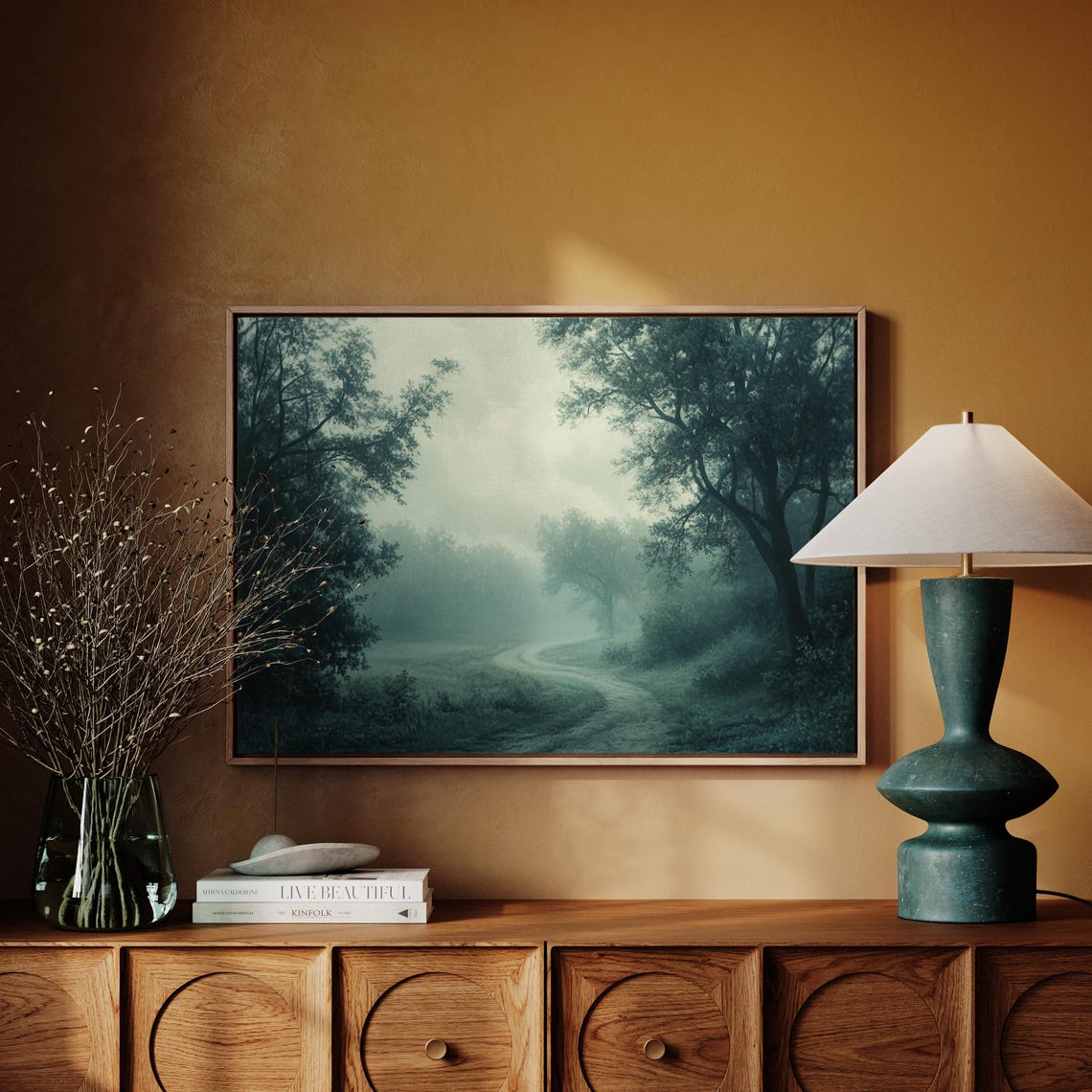 Winding Path Through Misty Dark Forest Moody Woodland Trail Poster - Image 4