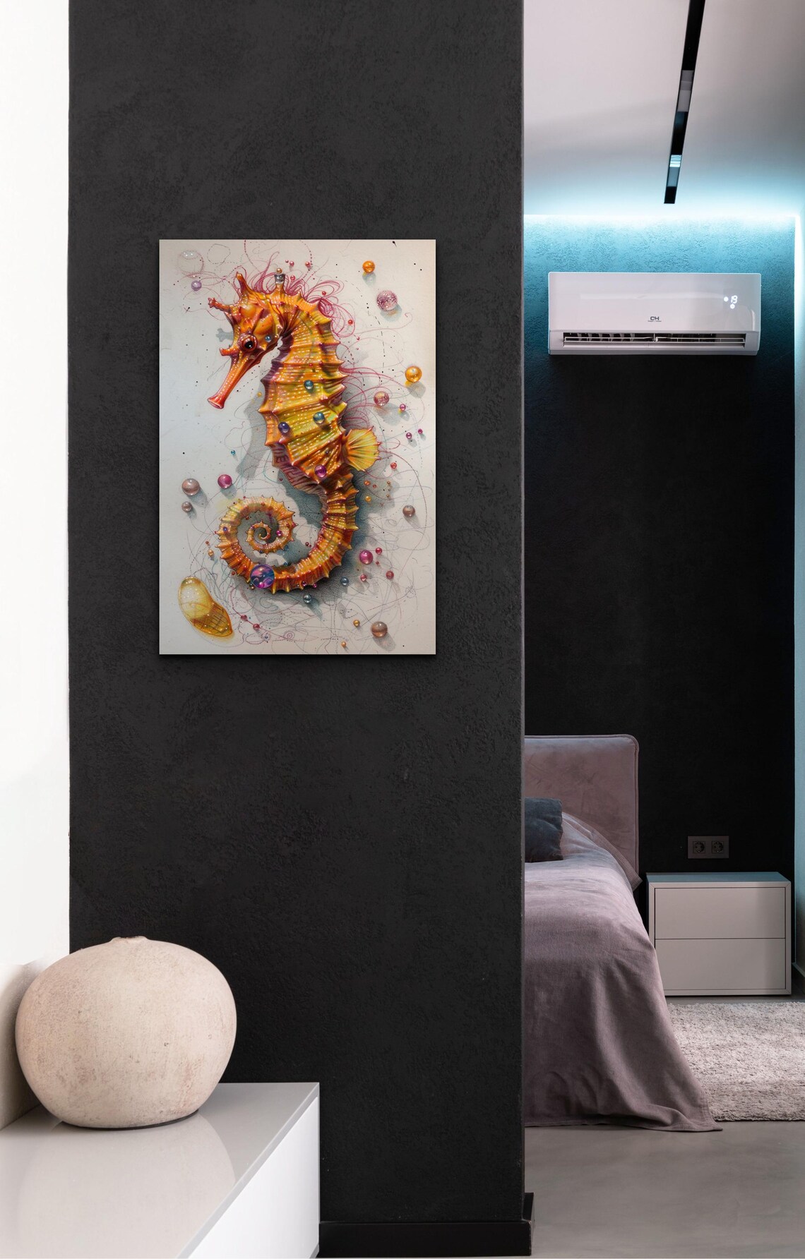 Golden Orange Seahorse Bubbles Watercolor Marine Life Art Poster - Image 3