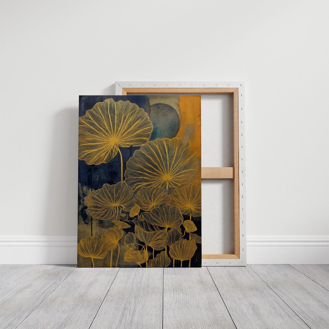 Golden Lotus Leaves on Deep Navy Elegant Botanical Art Poster