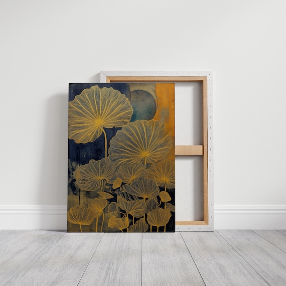 Golden Lotus Leaves on Deep Navy Elegant Botanical Art Poster