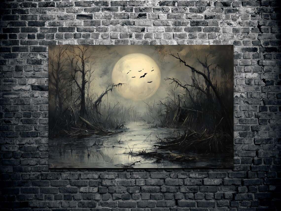 Haunted Swamp Under Full Moon With Bats Moody Halloween Poster - Image 2