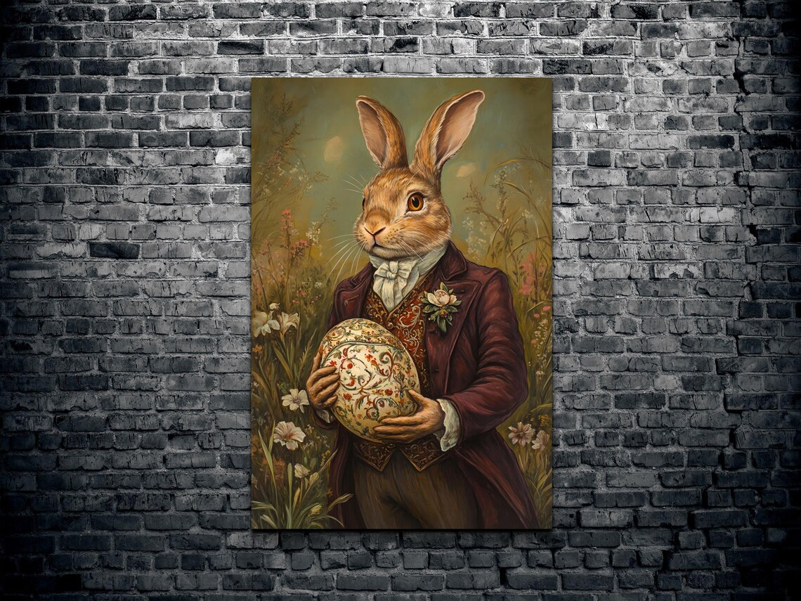 Victorian Rabbit in Burgundy Coat Holding Decorated Egg Poster - Image 2