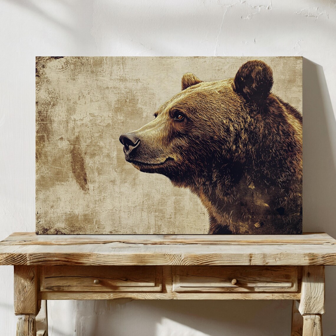 Grizzly Bear Profile on Aged Parchment Vintage Wildlife Poster