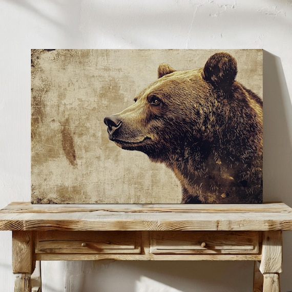 Grizzly Bear Profile on Aged Parchment Vintage Wildlife Poster