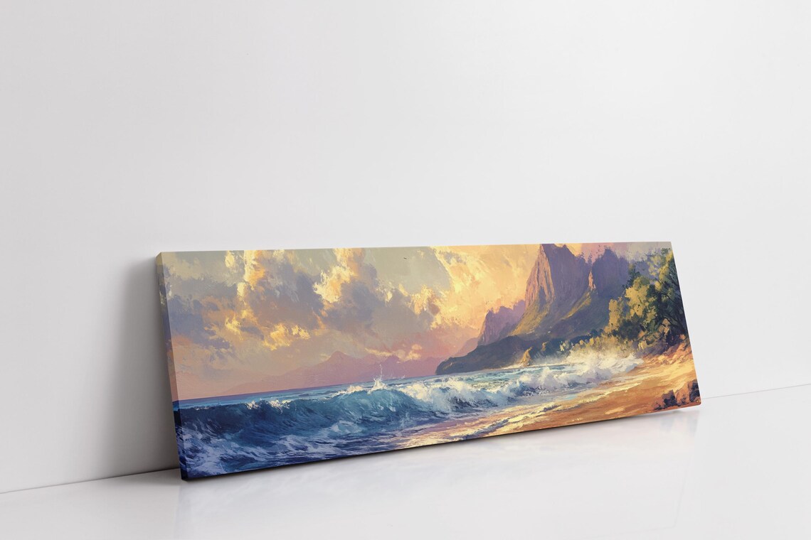 Ocean Sunset Waves With Mountain Beach Pastel Coastal Panorama Poster - Image 2