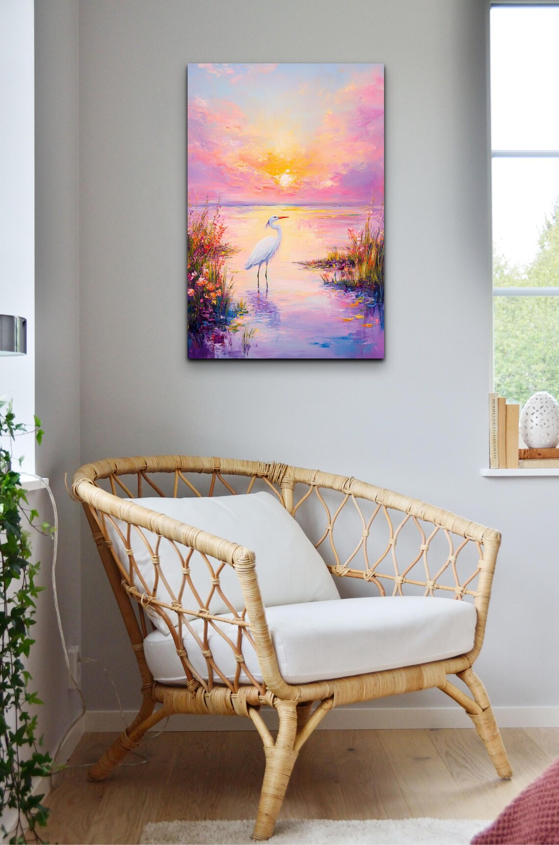 White Egret in Pastel Watercolor Sunset Wetland With Pink Sky Poster - Image 5
