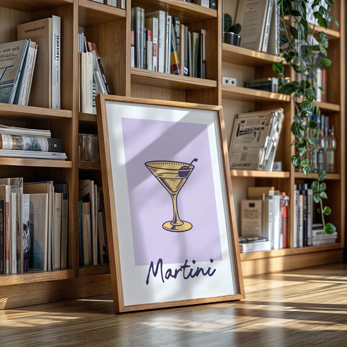 Martini Cocktail Poster With Golden Glass Illustration And Lavender Retro Bar