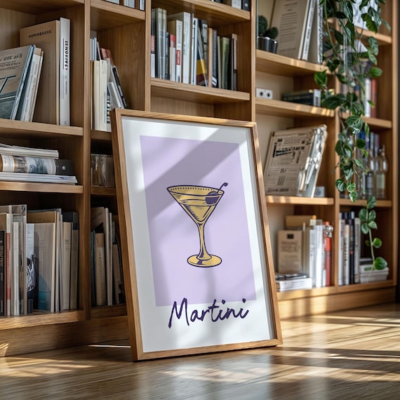 Martini Cocktail Poster With Golden Glass Illustration And Lavender Retro Bar