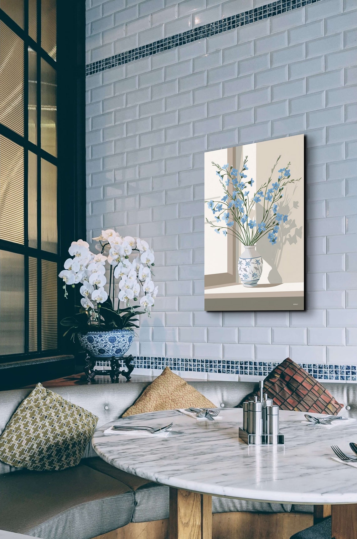 Blue Flowers in Patterned Vase by Sunlit Window Minimalist Art Poster - Image 5