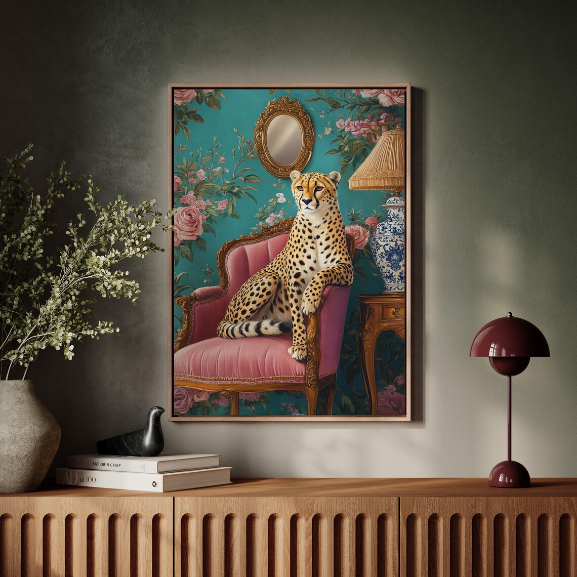 Regal Cheetah On Pink Velvet Armchair Vintage Parlour Poster - Image 7