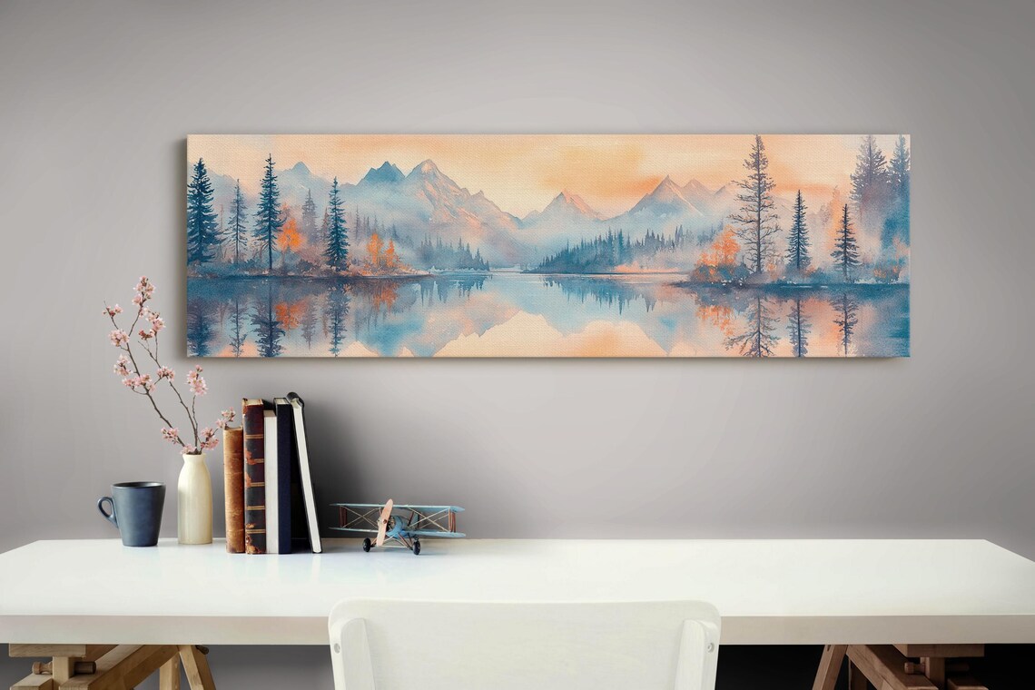 Misty Watercolor Mountain Lake Soft Peach Sunrise Pines Landscape Poster - Image 3