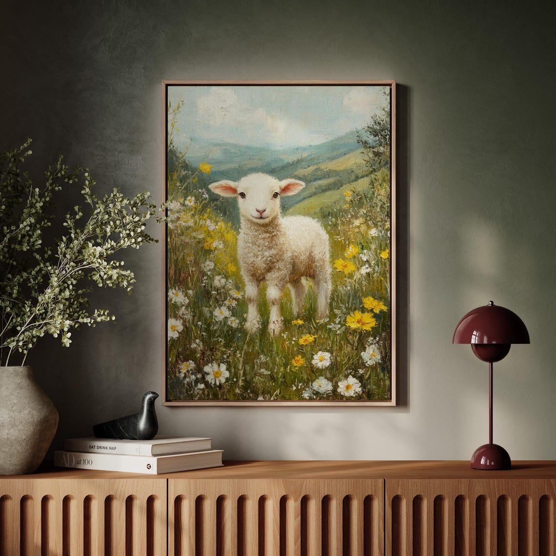 Pastoral Lamb In Wildflower Field Spring Hills Rustic Painting Poster - Image 7