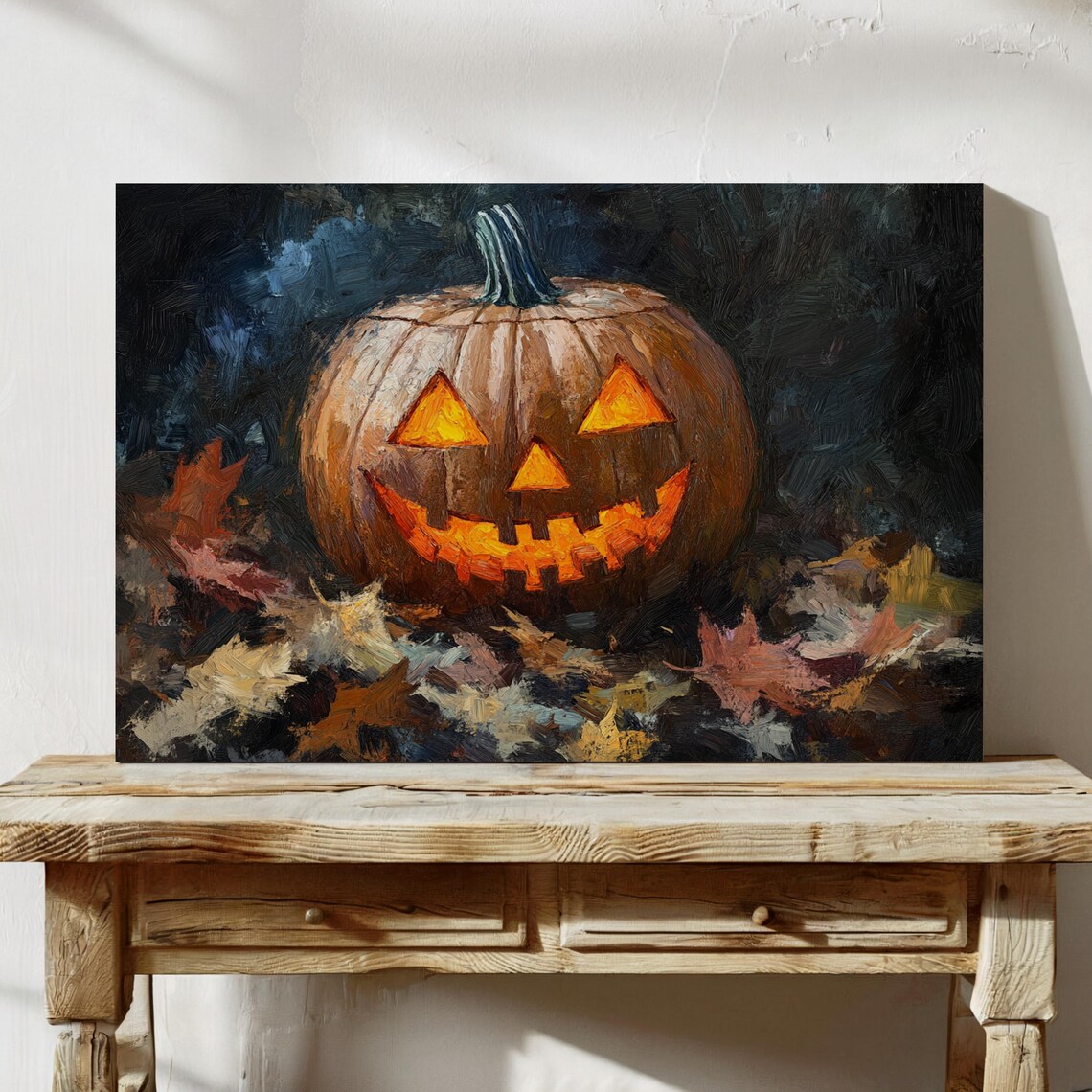 Glowing Jack O Lantern Among Autumn Leaves Dark Halloween Painting Poster