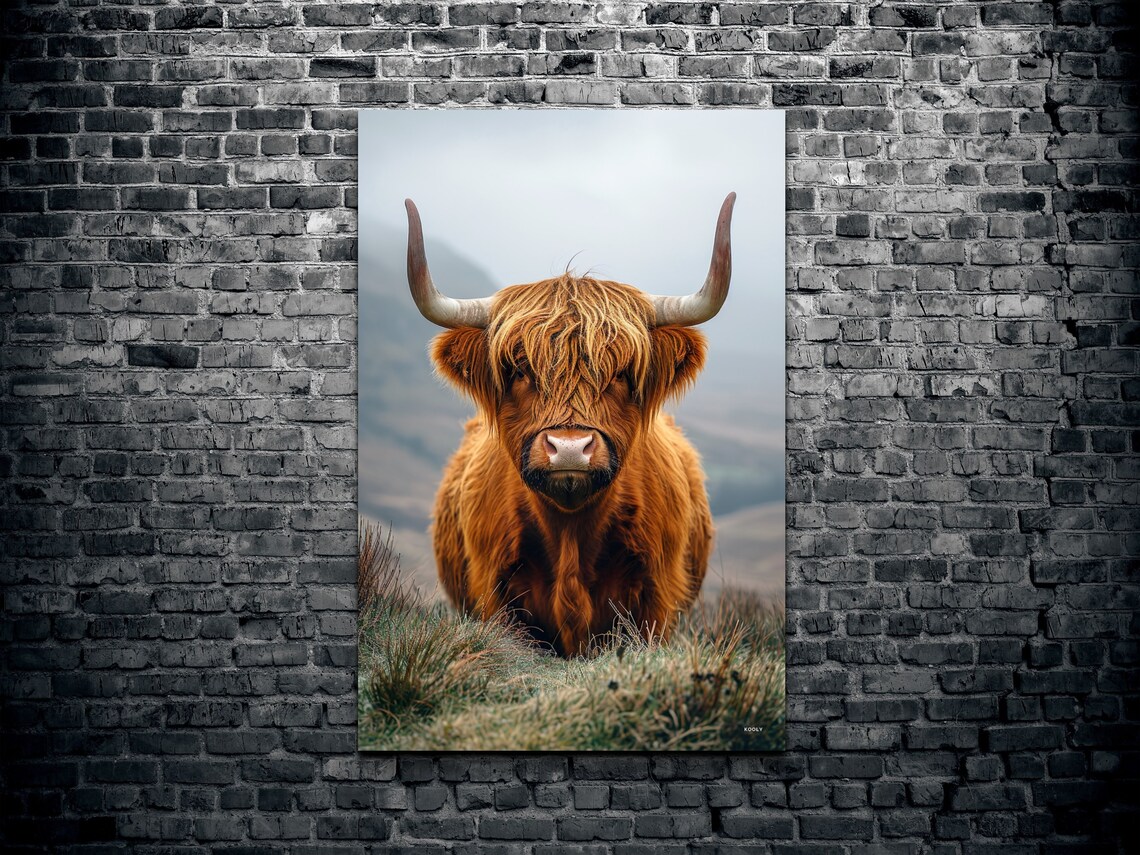 Highland Cow Shaggy Brown Portrait Misty Scottish Farm Wall Art - Image 2