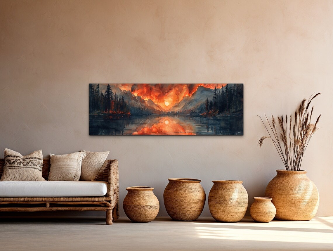Panoramic Watercolor Fiery Sunset Mountain Lake Landscape Wall Art