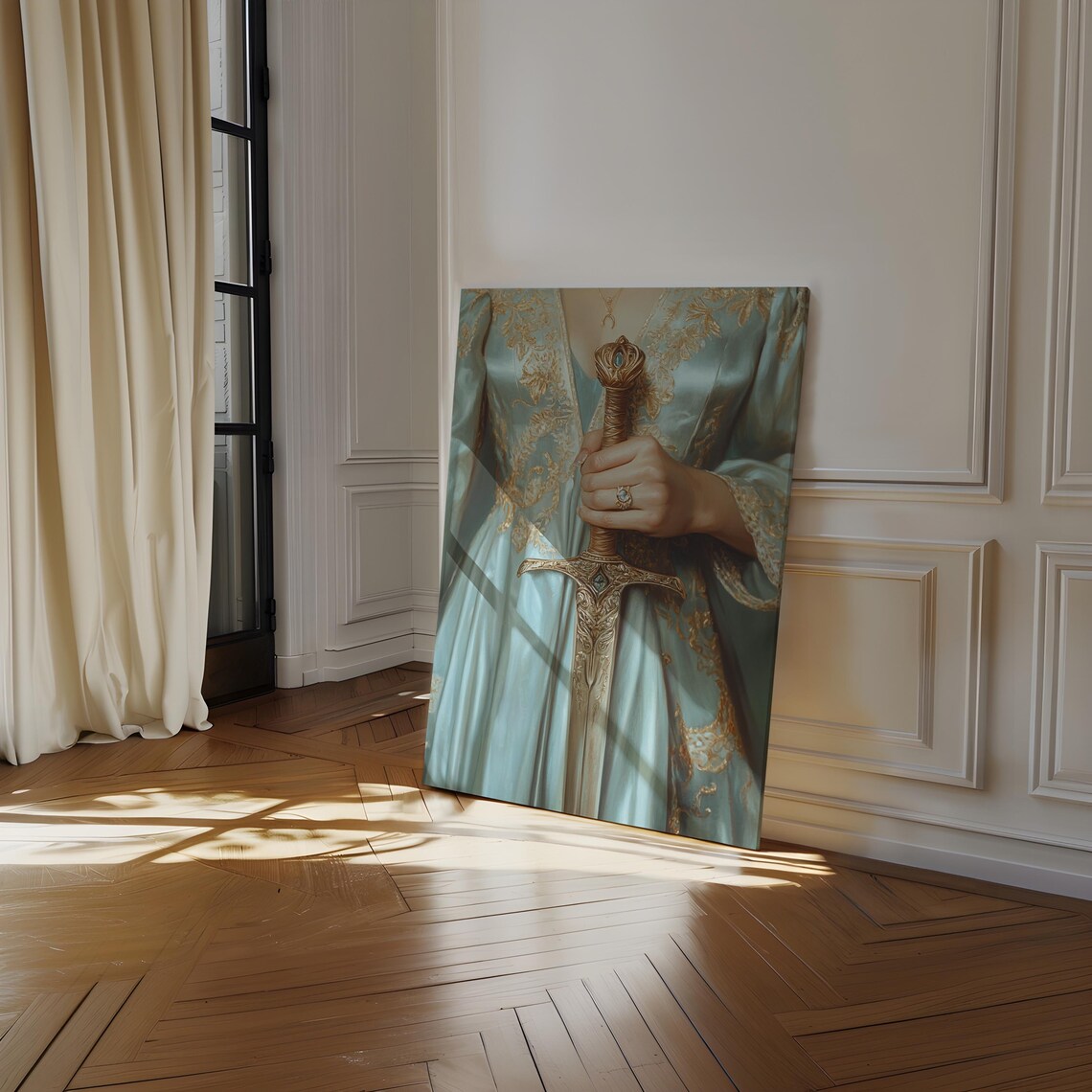 Warrior Queen in Ice Blue Gown Holding Ornate Golden Sword Poster - Image 6