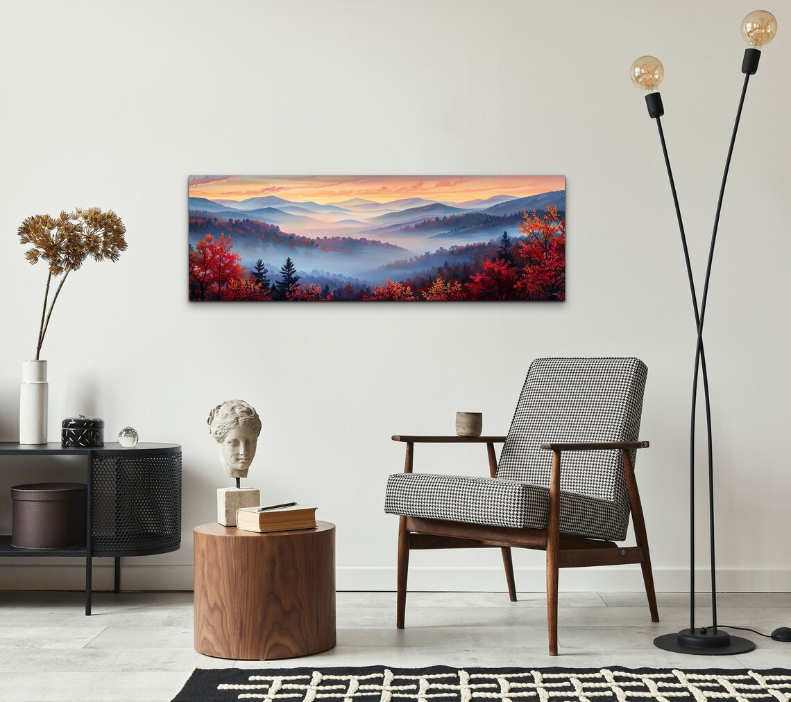 Foggy Mountain Valley Misty Fall Foliage Panoramic Landscape Wall Art - Image 3