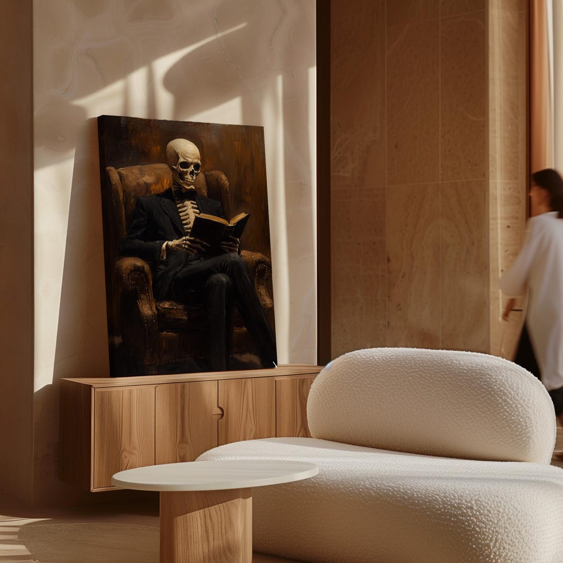 Elegant Skeleton Reading in a Leather Armchair Dark Art Poster - Image 7