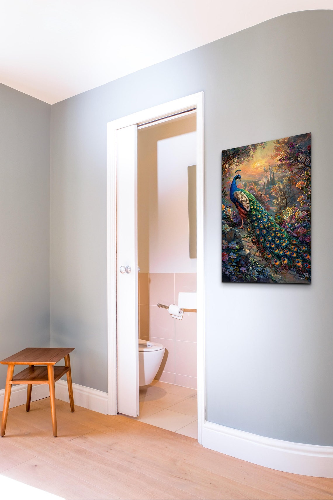 Peacock On Stone Garden Path Sunset Blooms Fantasy Painting Wall Art - Image 3