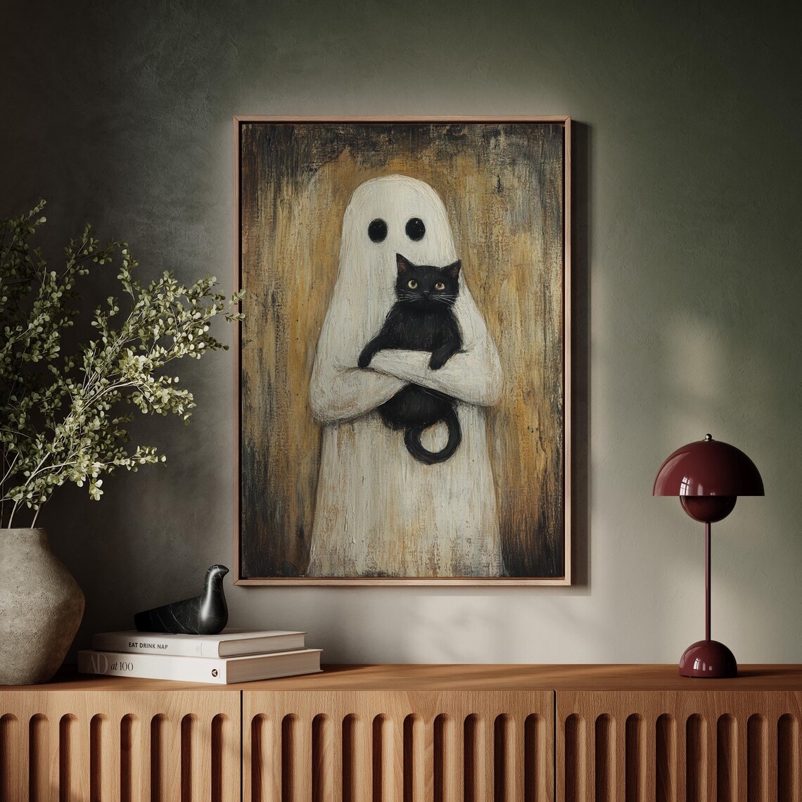 Ghost And Black Cat Rustic Halloween Art Print - Image 4