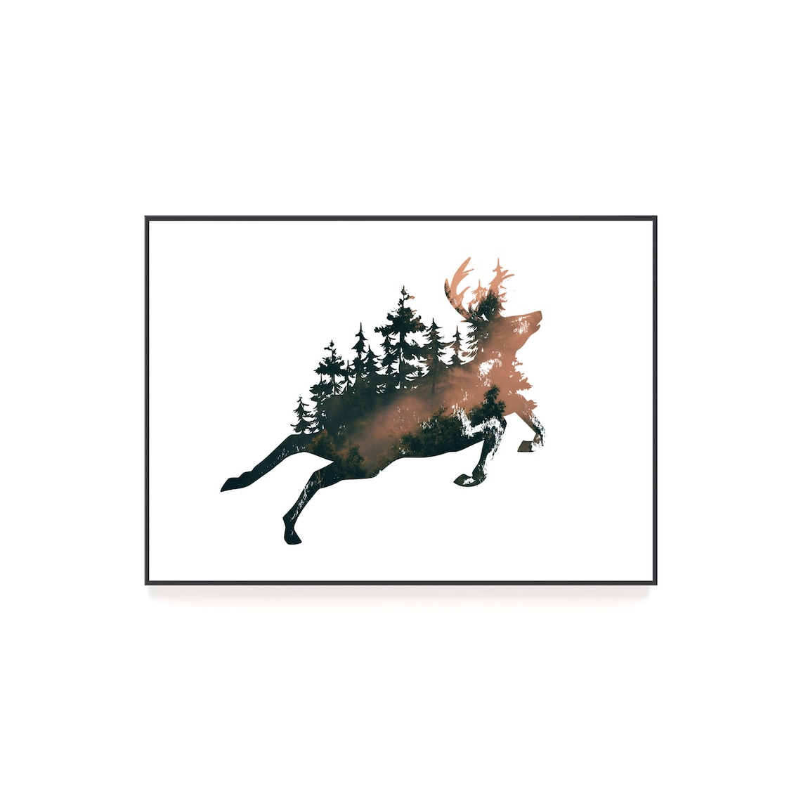 Jumping Deer Silhouette With Forest Art Print