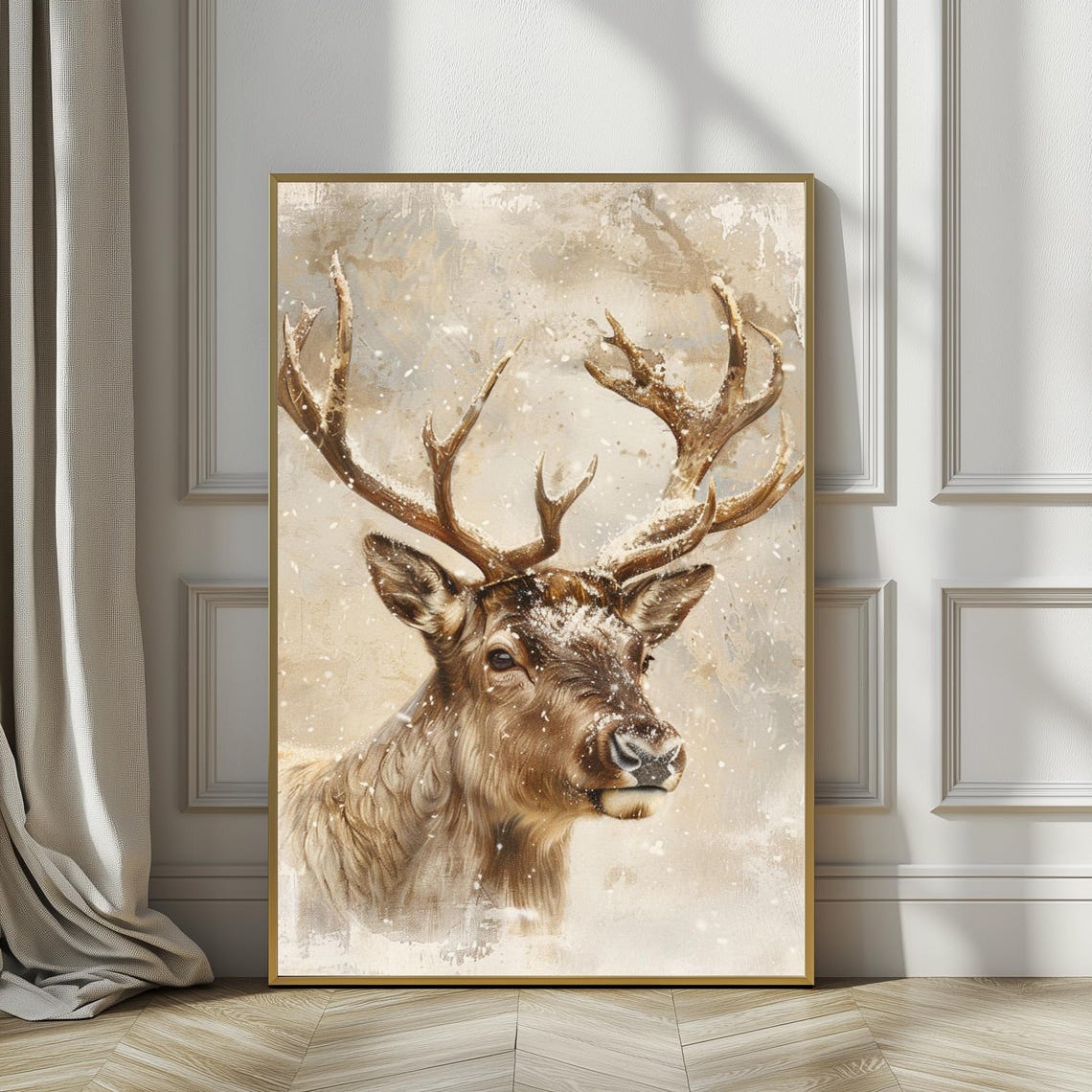 Snow Dusted Deer With Antlers Winter Wildlife Portrait Art Poster