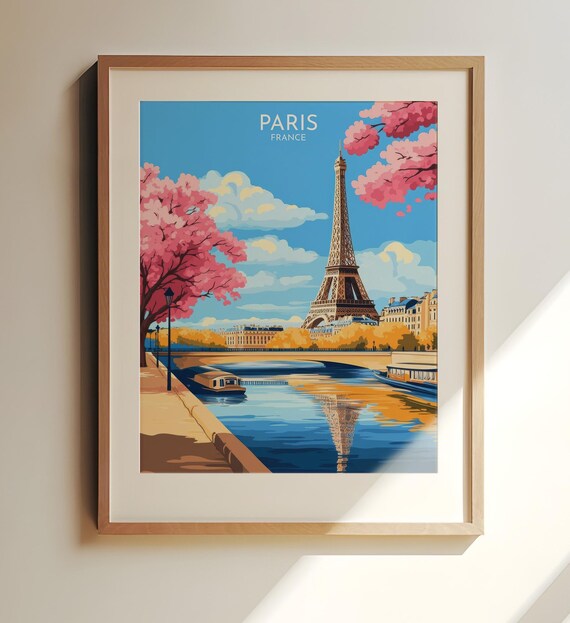 Paris France Eiffel Tower Poster Seine River Cherry Blossoms Spring