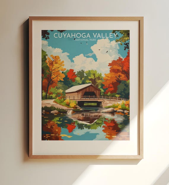 Cuyahoga Valley National Park Travel Art Poster Scenic Autumn Bridge Print