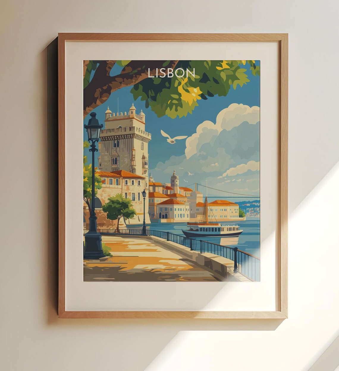 Lisbon Portugal Vintage Travel Poster Belem Tower River Scene