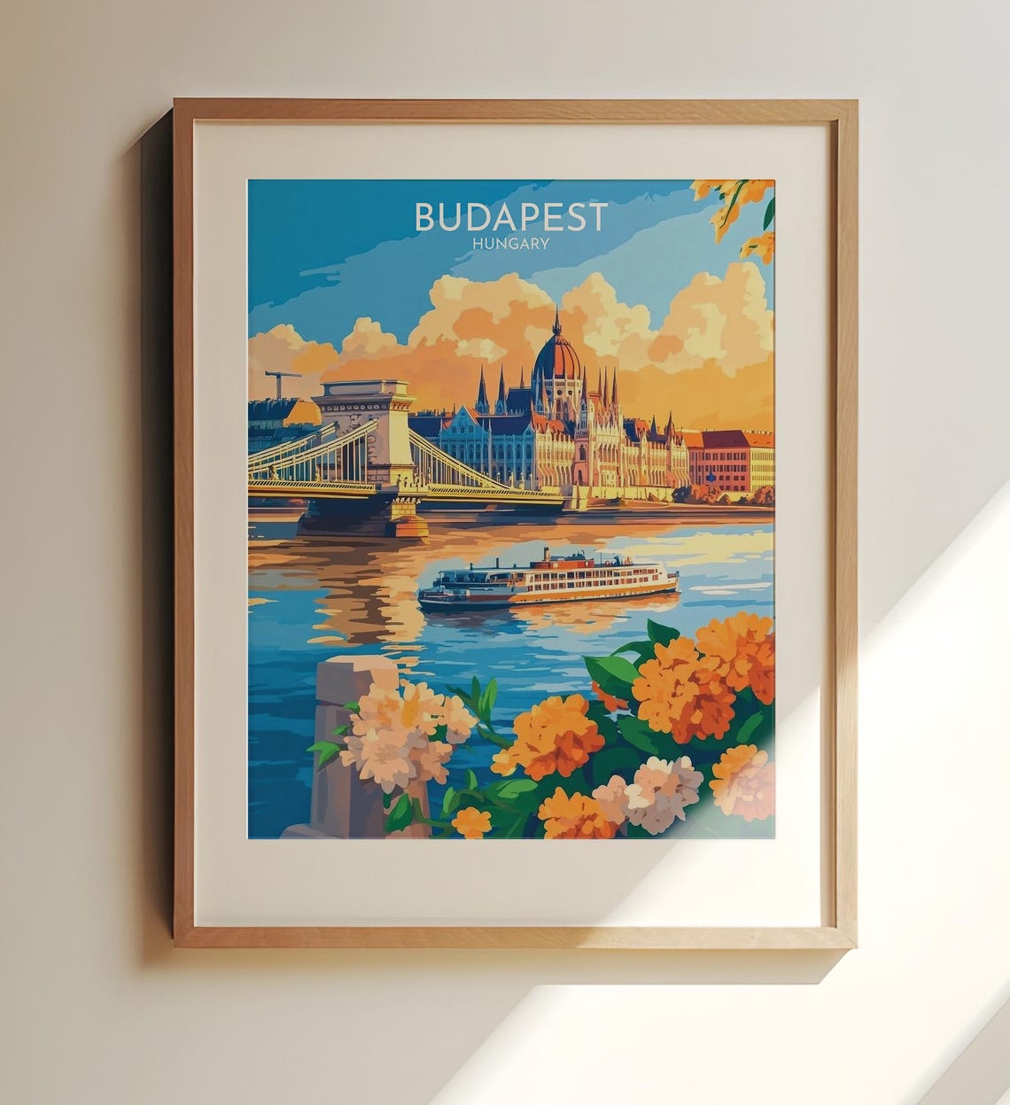 Budapest Hungary Chain Bridge Parliament Vintage Travel Poster