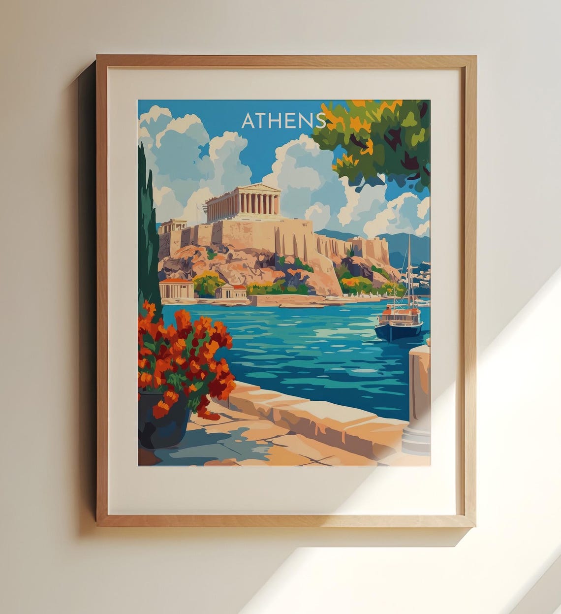 Athens Greece Acropolis Parthenon Harbor Vintage Travel Art Poster