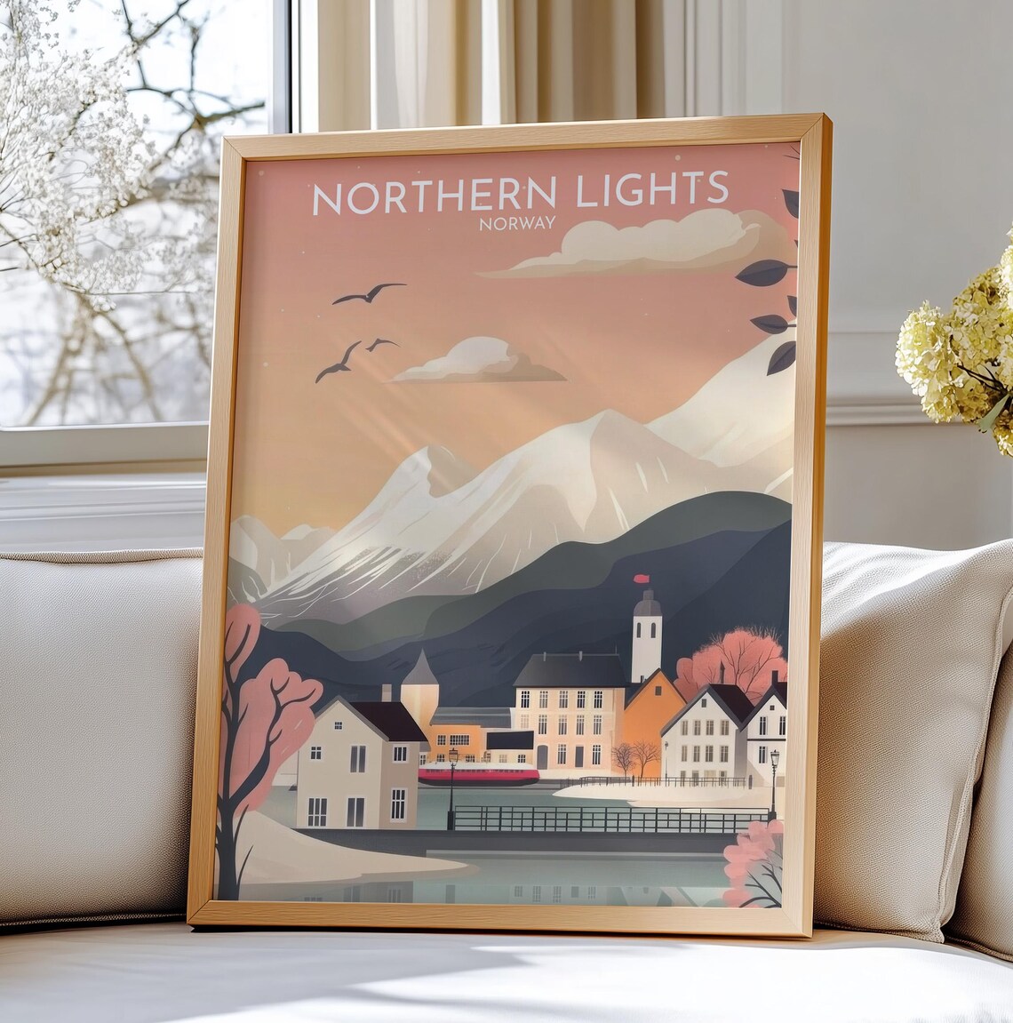 Northern Lights Norway Snowy Mountain Town Travel Poster Fjord View
