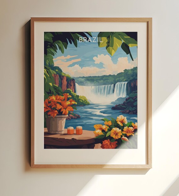 Iguazu Falls Brazil Tropical Waterfall Vintage Travel Art Poster
