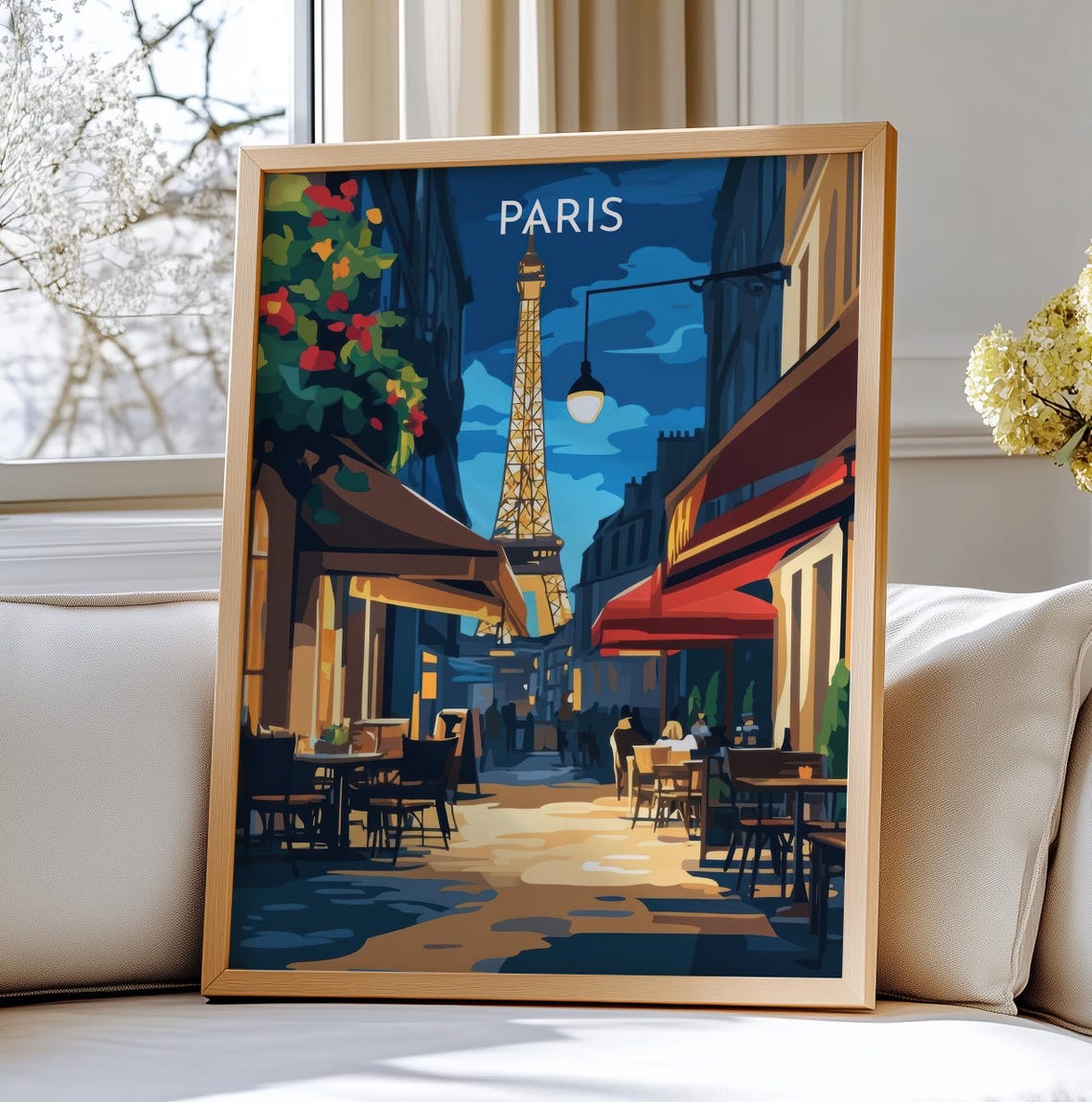 Paris Night Eiffel Tower Cafe Street Vintage Travel Art Poster