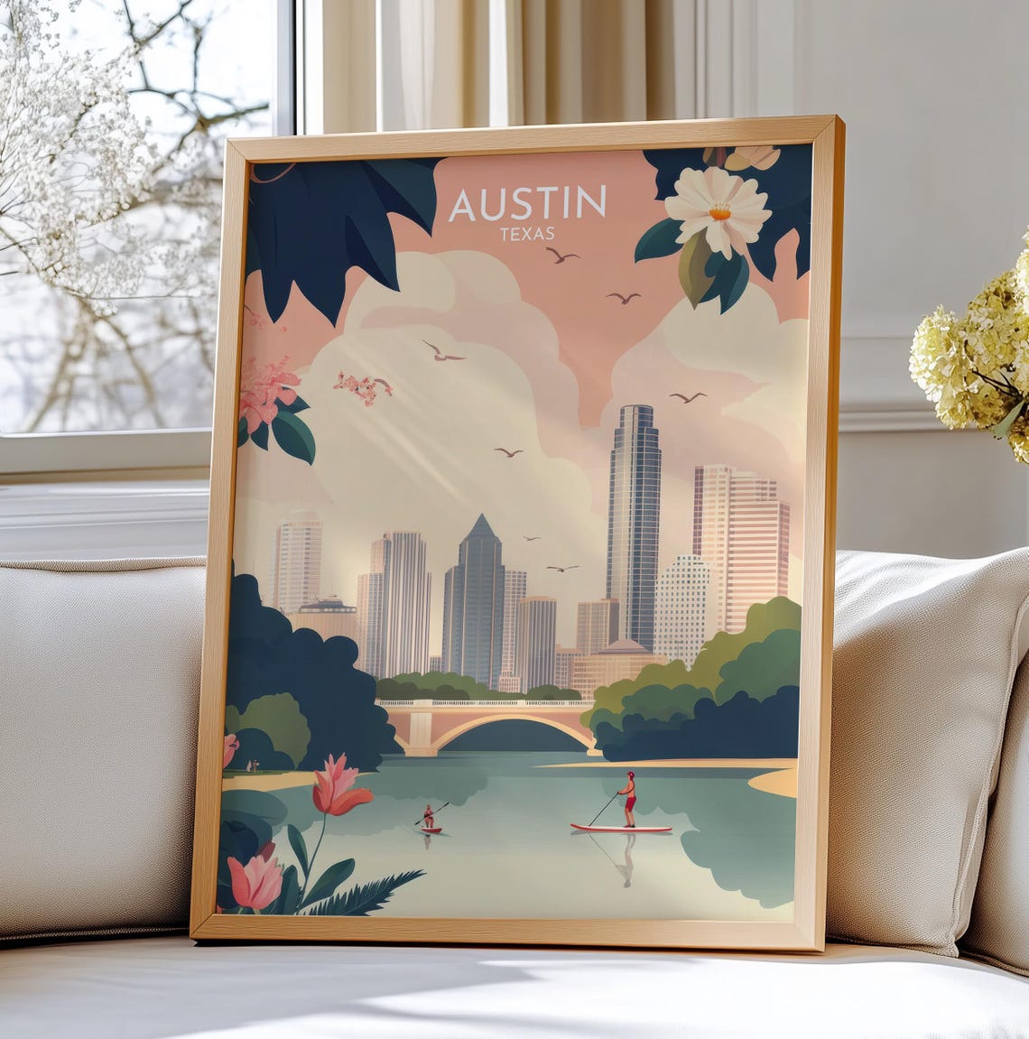 Austin Texas Skyline Lady Bird Lake Paddleboard Travel Art Poster