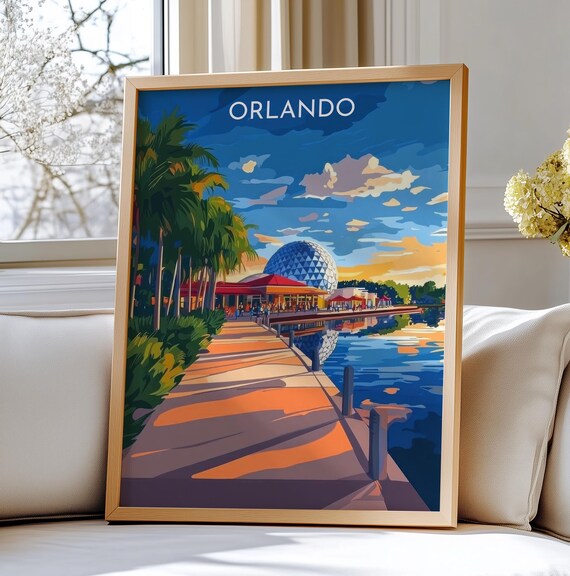 Orlando Epcot Geodesic Sphere Sunset Boardwalk Travel Poster