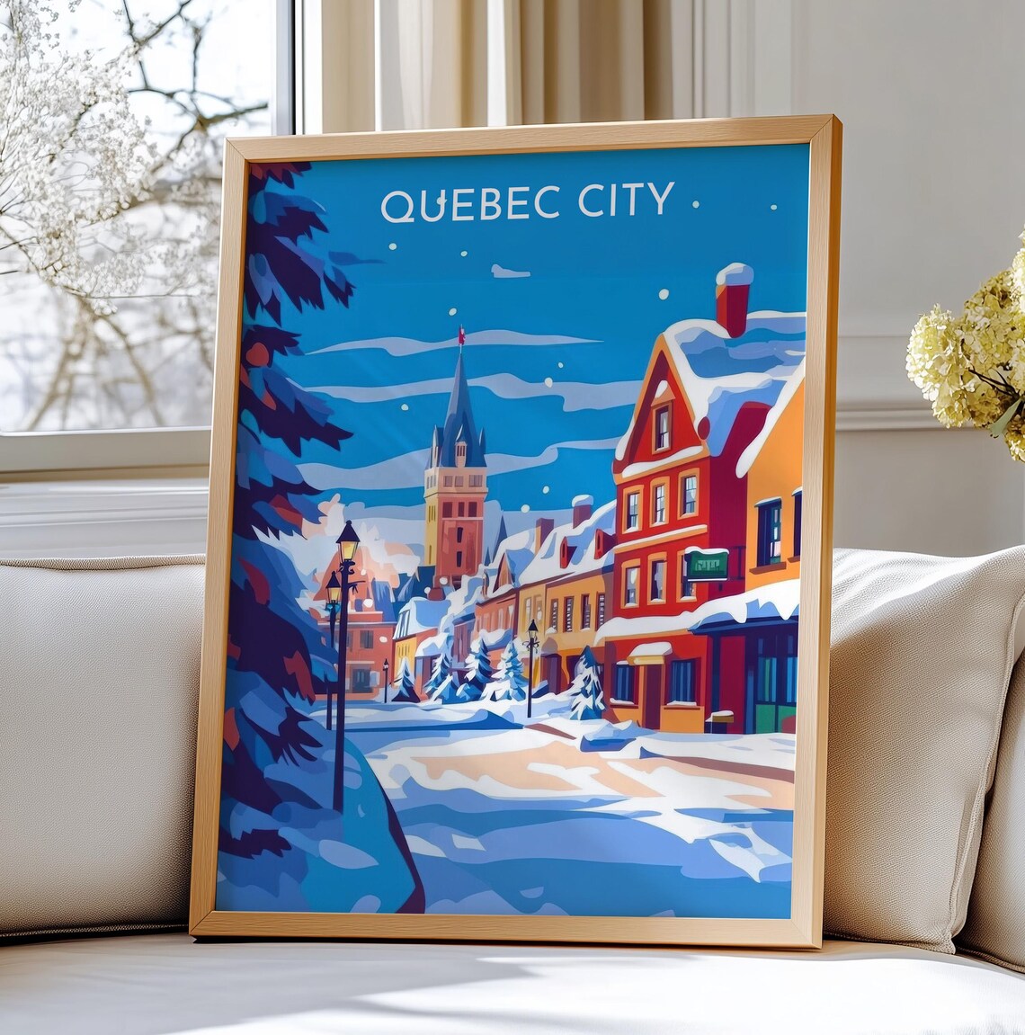 Quebec City Winter Snowy Old Town Street Historic Travel Poster